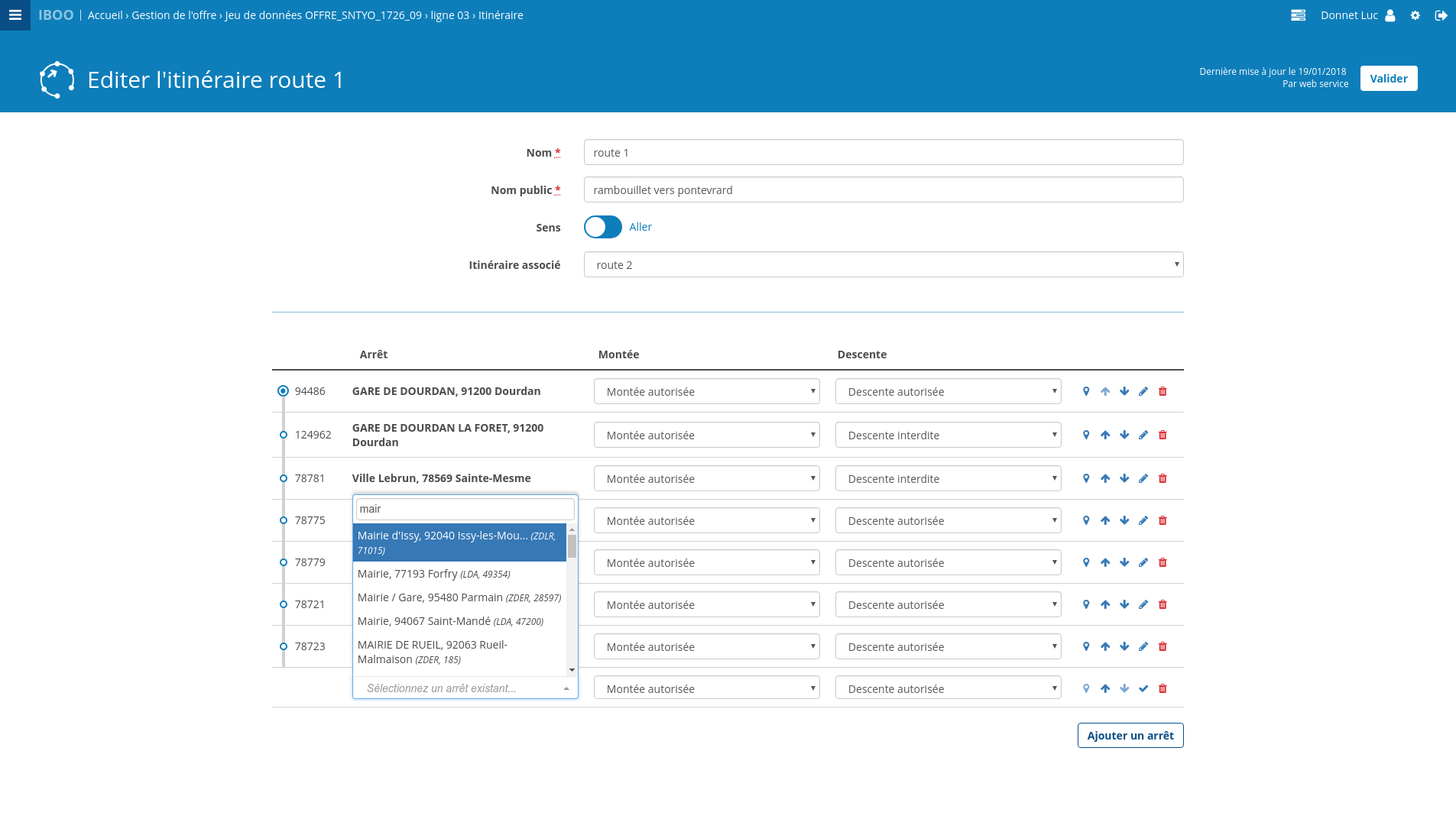Type d'arrêtes dans itinéraire